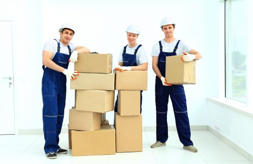 Commercial office removal setup in Andstorage with equipment and boxes